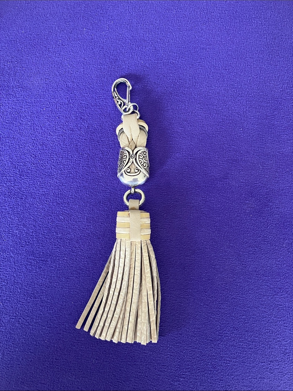 Brighton Celtic Knot Leather Tassel Bag Charm Keychain Ivory Beige 2000s